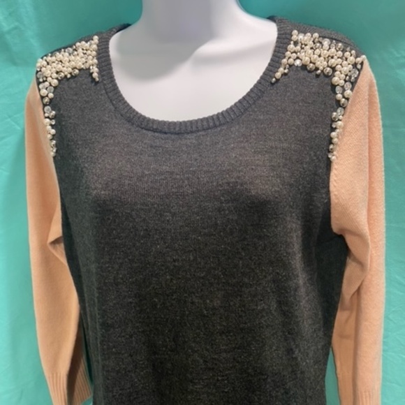 Grey and Pink Sweater Dress with Pearls and Rhinestone Accents - Picture 8 of 16